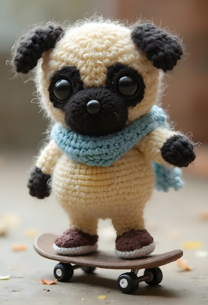 Close up on adorable amigurumi pug dog