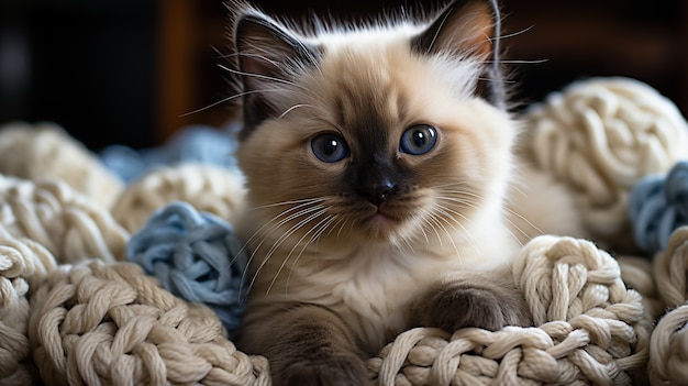 Free Photo close up on adorable kitten near yarn