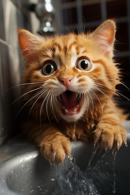 Free photo close up on adorable kitten paying with water