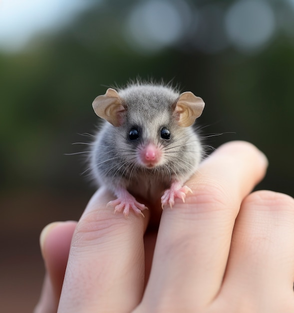 Free photo close up on adorable possum held in hand