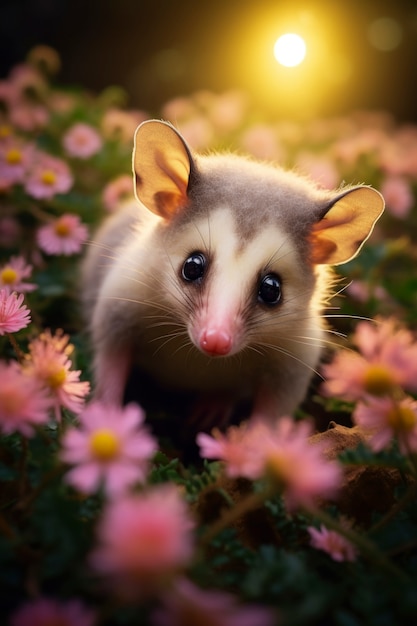 Free photo close up on adorable possum near flowers