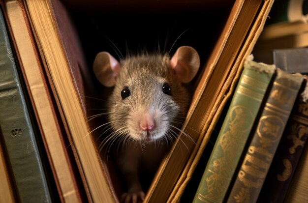 Close up on adorable rat behind books