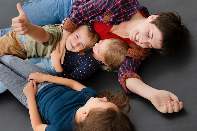 Close up adult and kids together