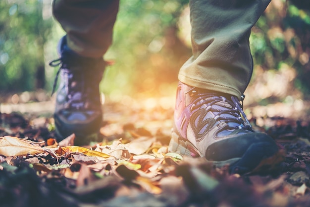 Close up of adventure woman feet walk on a mountain path.