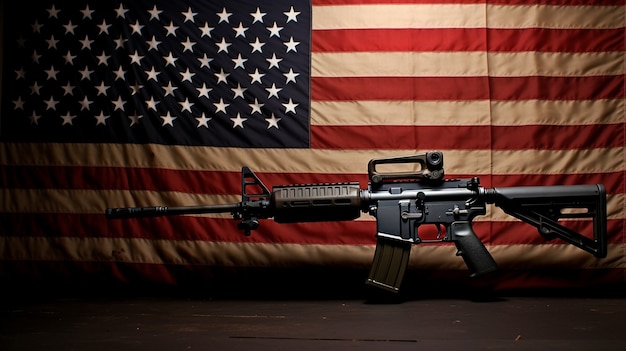 Close up on ak-47 in front of  us flag