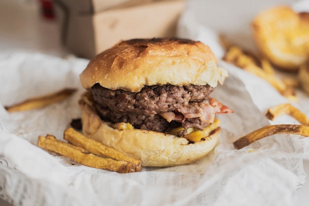 Close-up american sandwich with meat and fries