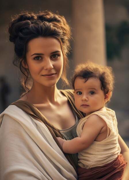 Close up on ancient greece mother with baby