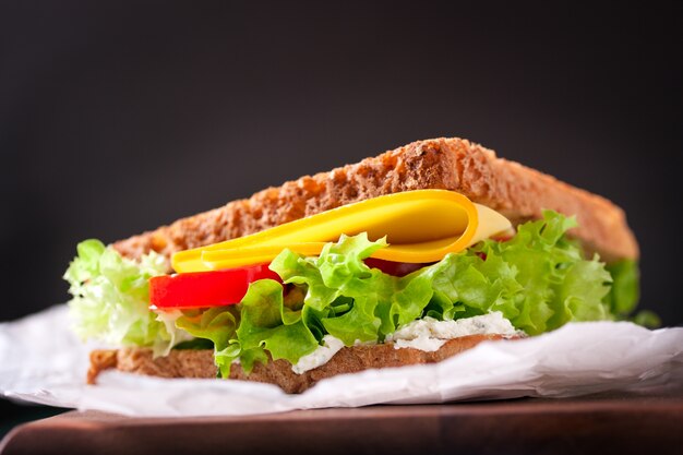 Close-up of appetizing sandwich with lettuce