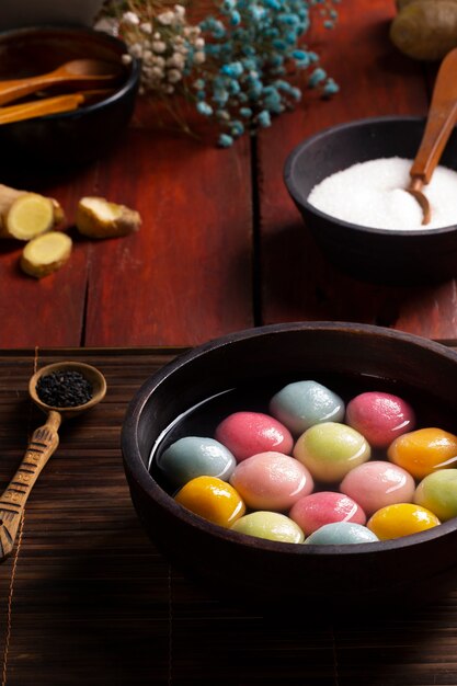 Close up on appetizing tangyuan bowl