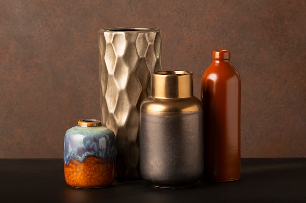 Close up arrangement of modern vases