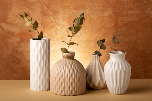 Close up arrangement of modern vases