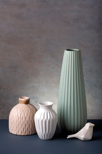 Close up arrangement of modern vases