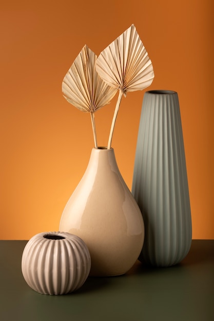 Close up arrangement of modern vases