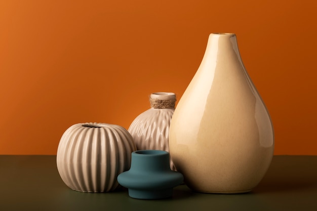 Close up arrangement of modern vases