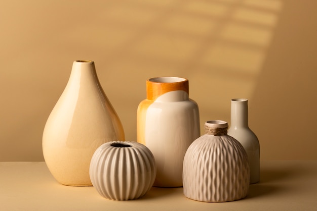 Close up arrangement of modern vases