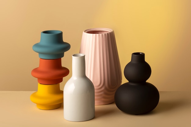 Close up arrangement of modern vases