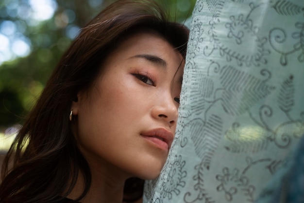 Close up asian woman posing with cloth