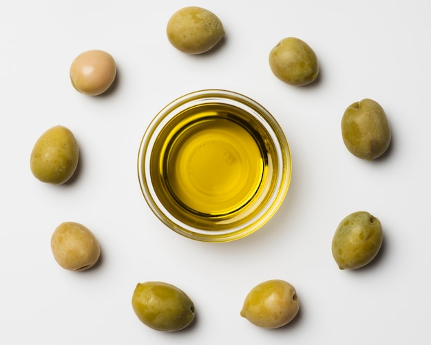 Close-up assortment of olive and oil