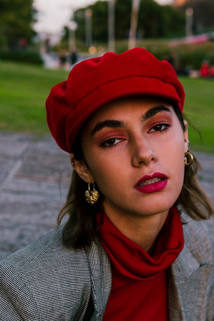 Free photo close-up of an attractive young woman with red cap over her head looking at camera