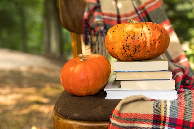 Free photo close-up autumn arrangement with pumpkins on old chair