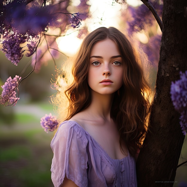 Free photo close up on beautiful girl portrait near tree