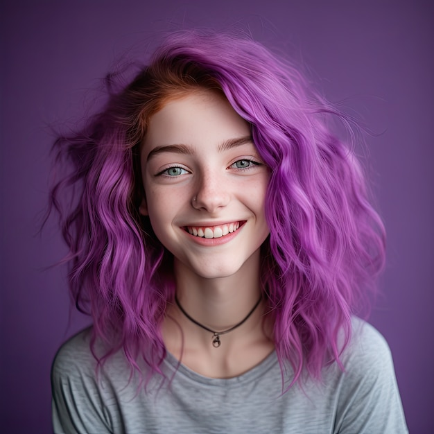 Close up on beautiful girl portrait with purple hair