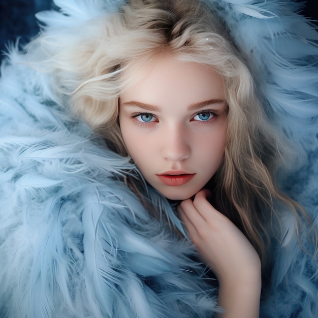 Close up on beautiful girl wearing feathers  portrait