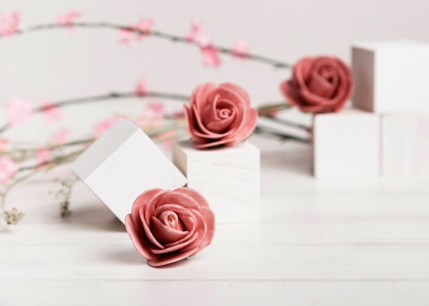 Close-up beautiful roses with white cubes