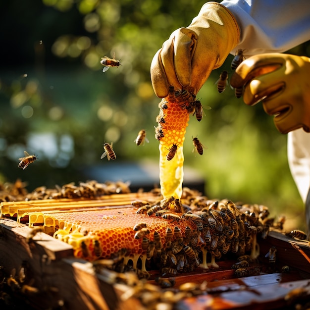 Free photo close up on beekeeper collecting honey