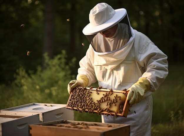 Free photo close up on beekeeper collecting honey