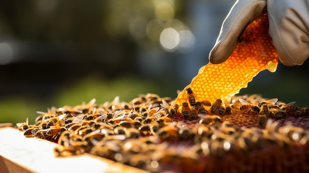 Close up on beekeeper collecting honey