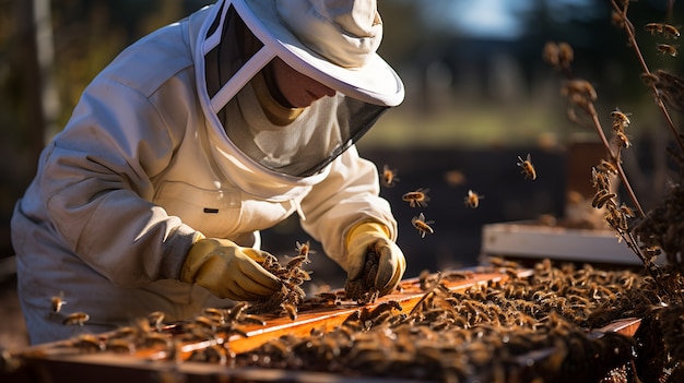 Free photo close up on beekeeper collecting honey