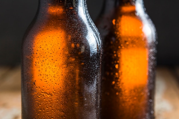 Close-up of beer glass bottles