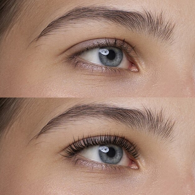 Close up before and after eyelashes extensions