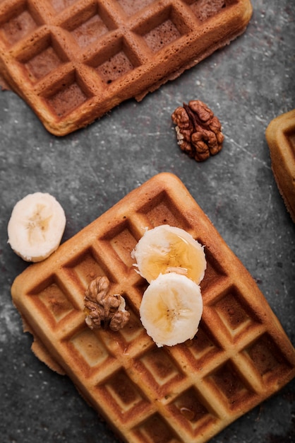 Close-up belgian waffles with banana