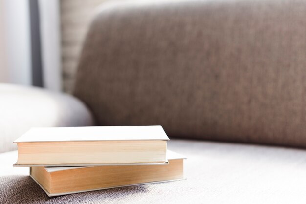 Close-up books on comfortable sofa