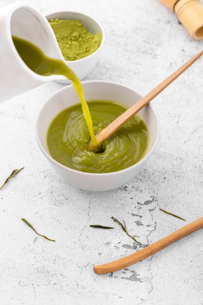 Close-up bowl with tasty matcha tea