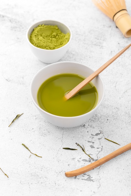 Close-up bowl with tasty matcha tea