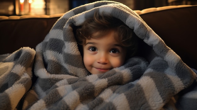 Close up on boy cuddled in blanket