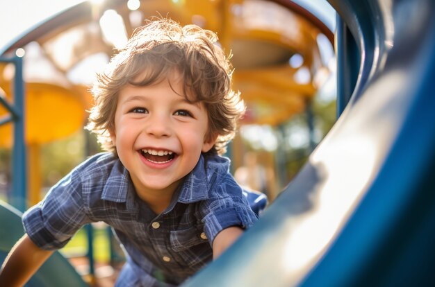 Close up on boy playing in kids park