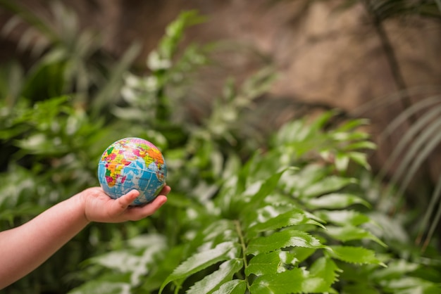 Close-up of boy's hand holding inflatable globe ball