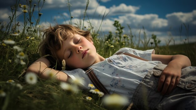 Close up on boy sleeping in flowery fields