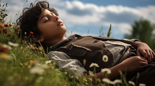 Close up on boy sleeping in flowery fields