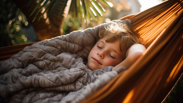 Close up on boy sleeping in hammock