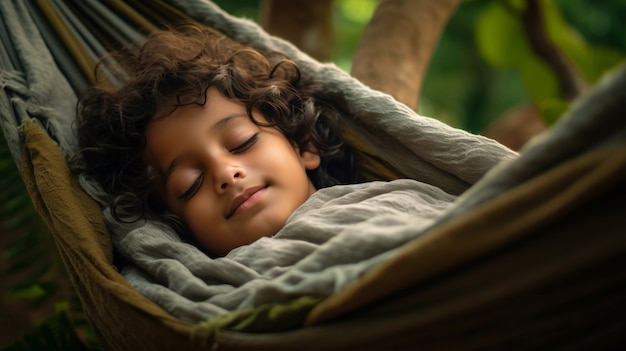 Free photo close up on boy sleeping in hammock