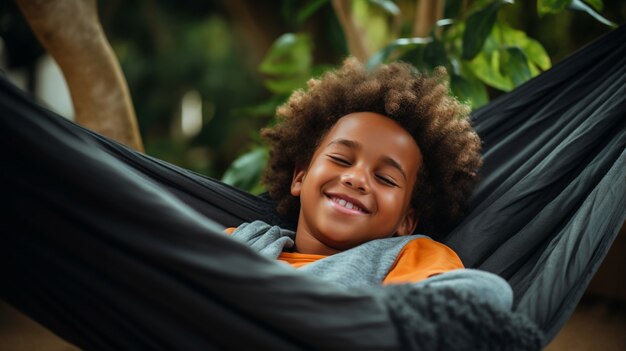 Close up on boy sleeping in hammock