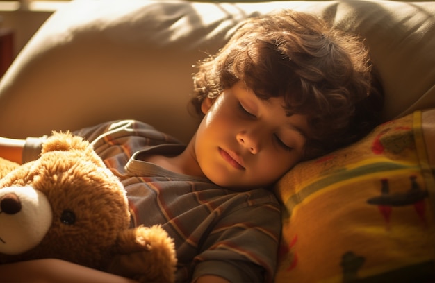 Free photo close up on boy sleeping with teddy bear