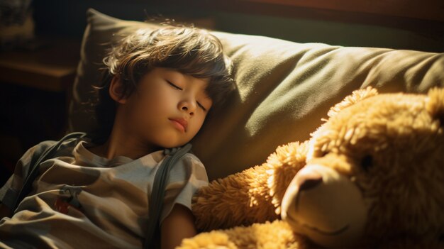 Close up on boy sleeping with teddy bear