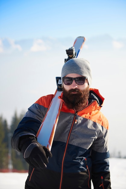 Free Photo close up of breaded man on winter trip