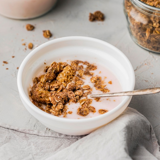 Free Photo close-up breakfast bowl with granola and milk